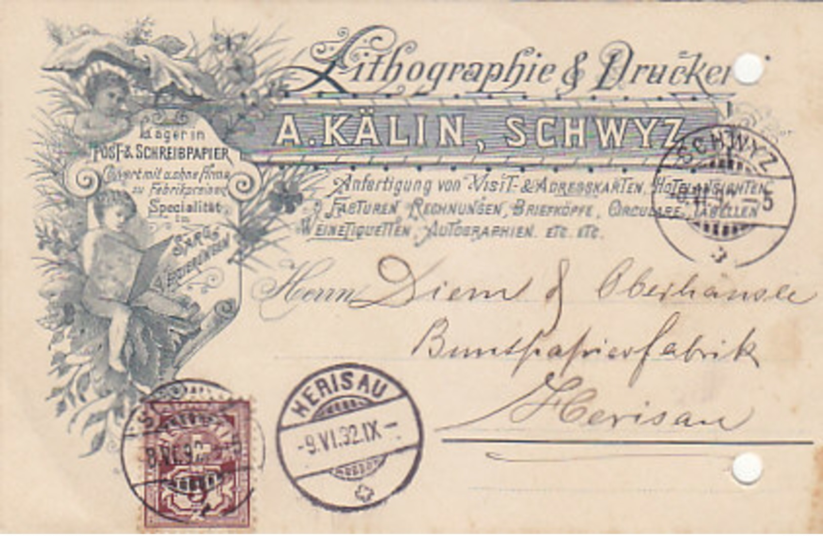 Schwyz - A.Kälin, Lithographie - Vorläufer-Werbe-Litho - 1892 !  (Unterschrift Des Besitzers)       (P-221-90505) - Autres & Non Classés