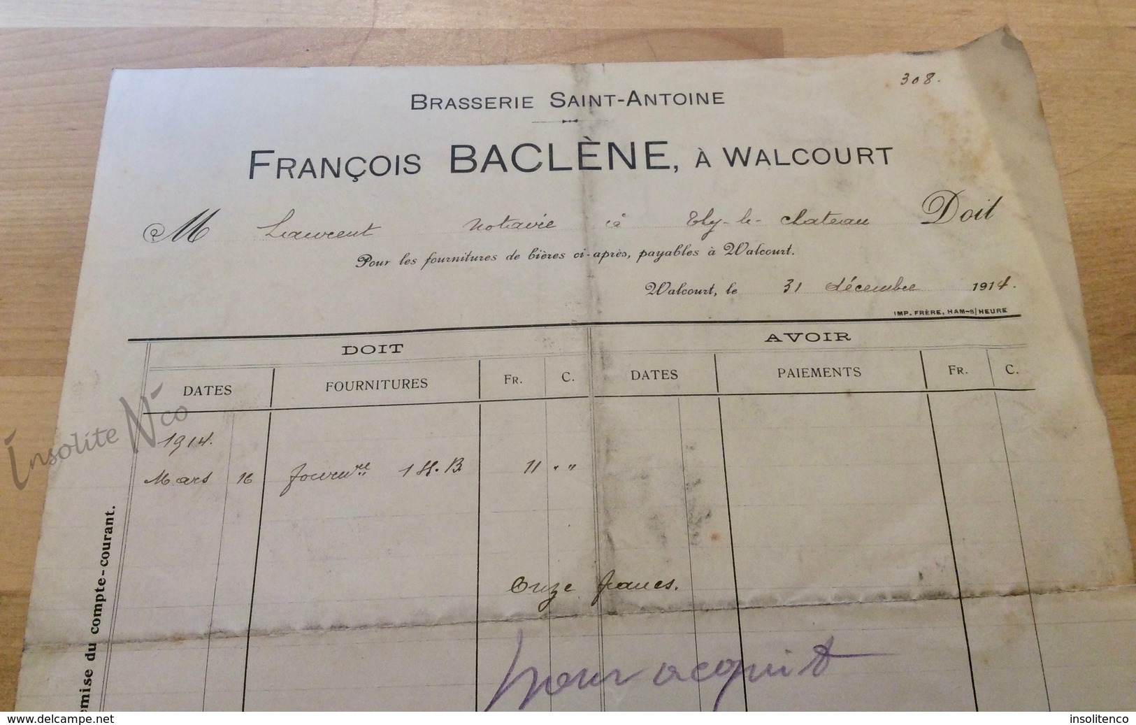 Rare Facture Brasserie Saint-Antoine Walcourt - François Baclène - 31 Décembre 1914 - 1900 – 1949