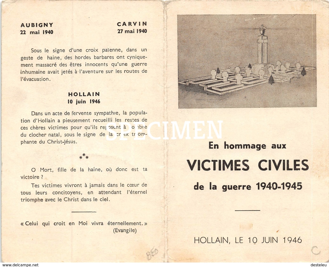 En Hommage Aux Victimes Civiles 1940-45 - Hollain - Brunehaut