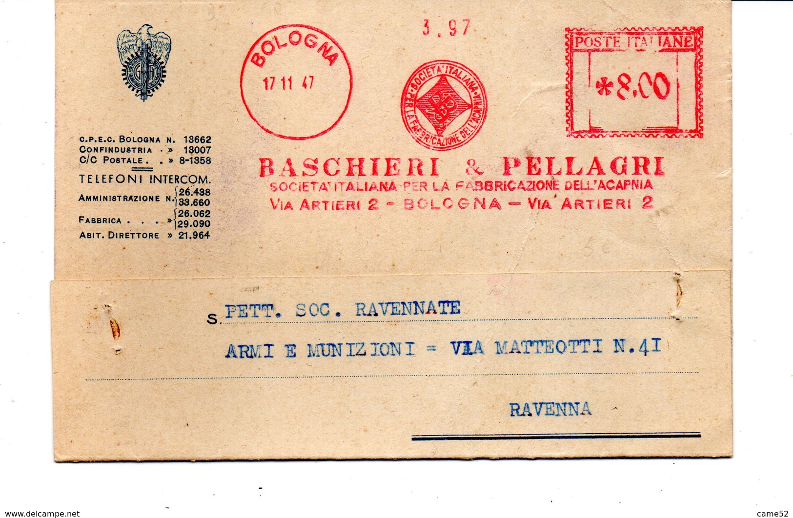 1947 EMA Affrancatura Meccanica Rossa Freistempel Bascheri Pellagri Soc. It. Fabbric. Acapnia Polvere Da Sparo Bologna - Machines à Affranchir (EMA)