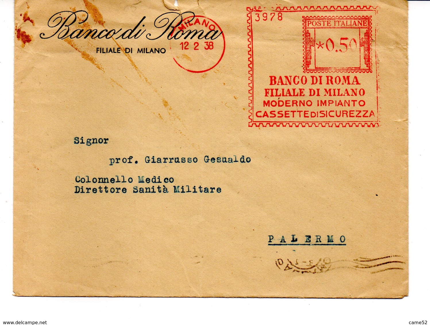 1938 EMA Affrancatura Meccanica Rossa Freistempel Milano Banco Di Roma Fil. Milano Cassette Di Sicurezza - Macchine Per Obliterare (EMA)