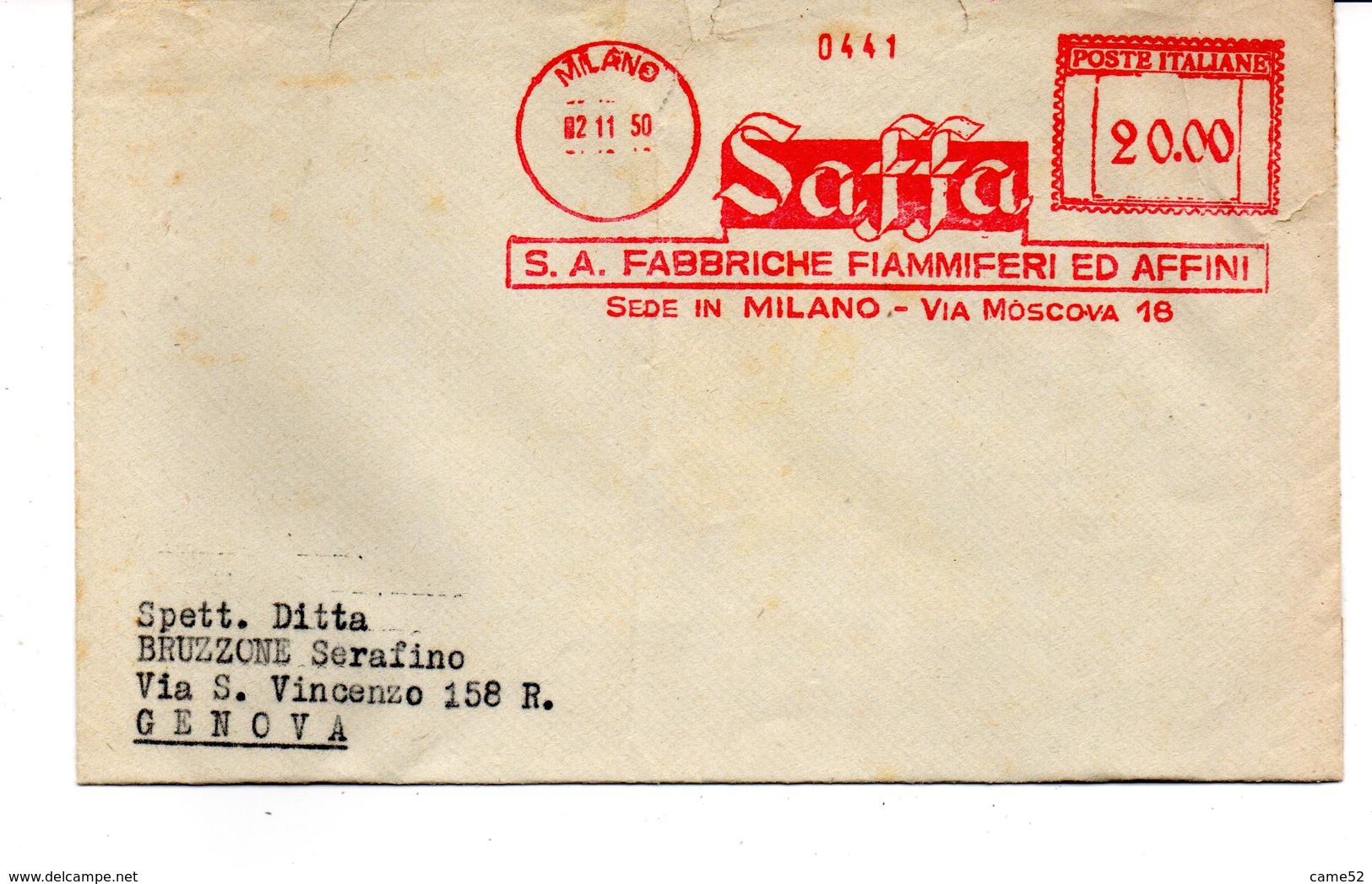 1950 EMA Affrancatura Meccanica Rossa Freistempel Milano SAFFA S.A. Fabbriche Fiammiferi Ed Affini Scalpellata - Machines à Affranchir (EMA)