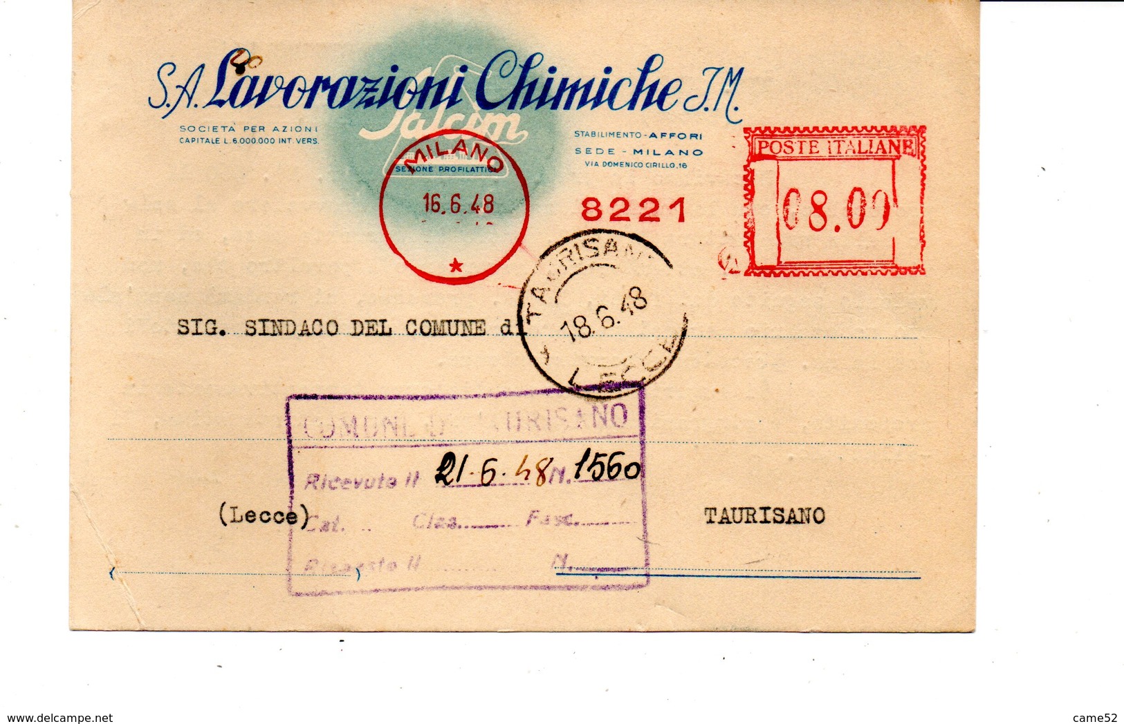 1948 EMA Affrancatura Meccanica Rossa Freistempel Milano Anonima 8221 Scalpellata SALCIM Lav. Chimiche J.M. Scalpellata - Macchine Per Obliterare (EMA)