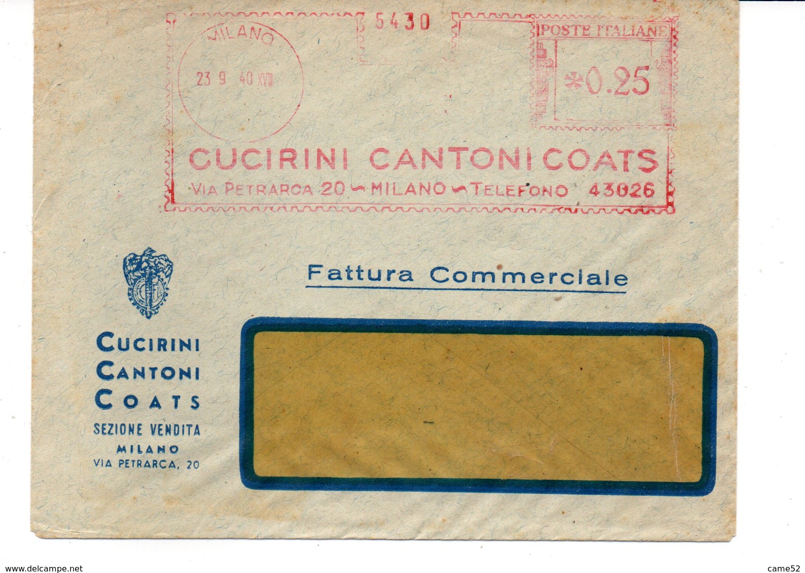 1940 EMA Affrancatura Meccanica Rossa Freistempel Milano Cucirini Cantoni Coats Filati Da Ricamo CCC In Colori Solidi - Machines à Affranchir (EMA)