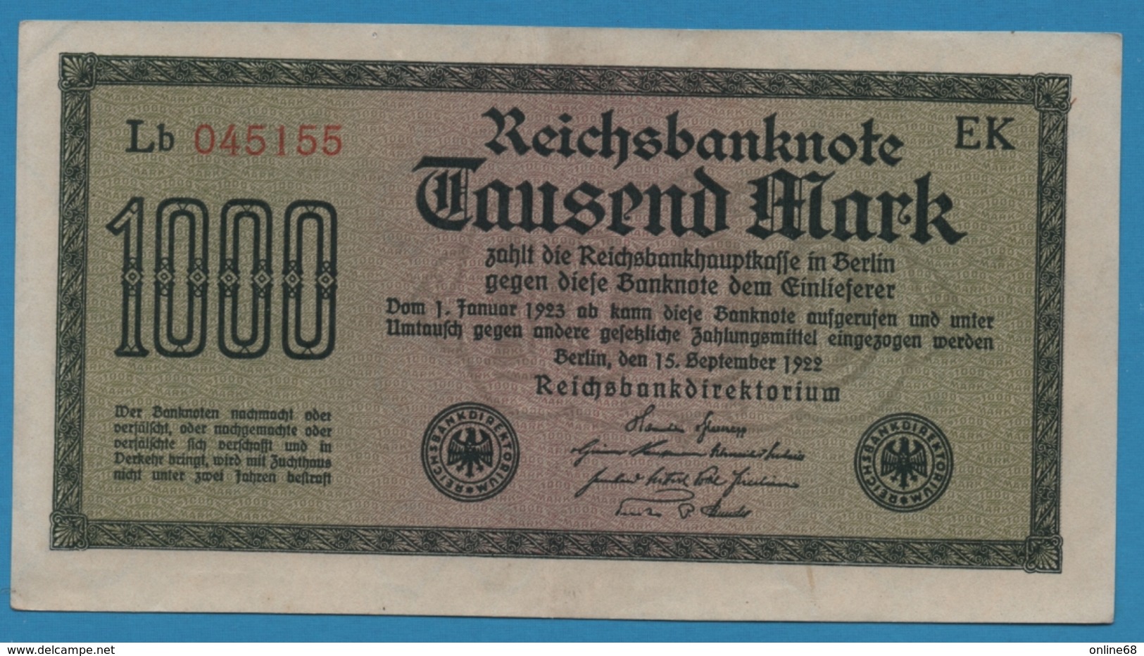 DEUTSCHES REICH 1000 Mark Code EK  	15.09.1922	# Lb 045155  P# 76f - 1000 Mark