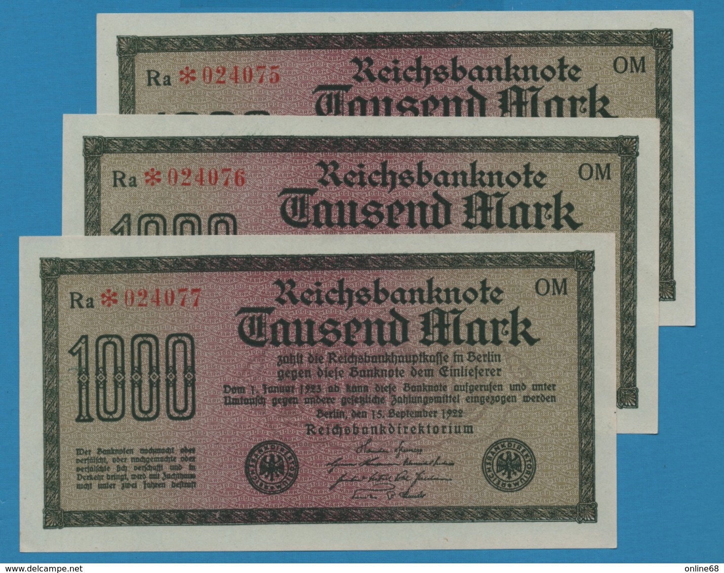 DEUTSCHES REICH 3 X 1000 Mark Code OM  15.09.1922	Ra * 024075/76/77 P# 76g - 1000 Mark