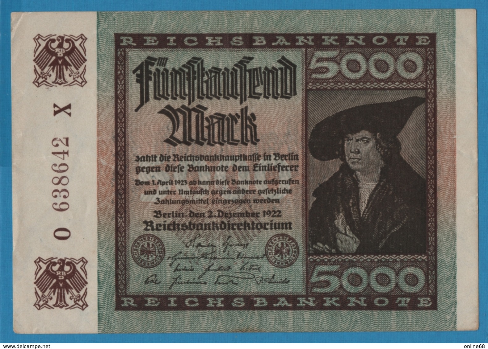 DEUTSCHES REICH 5000 Mark 	02.12.1922	# O 638642 X P# 81c - 5000 Mark