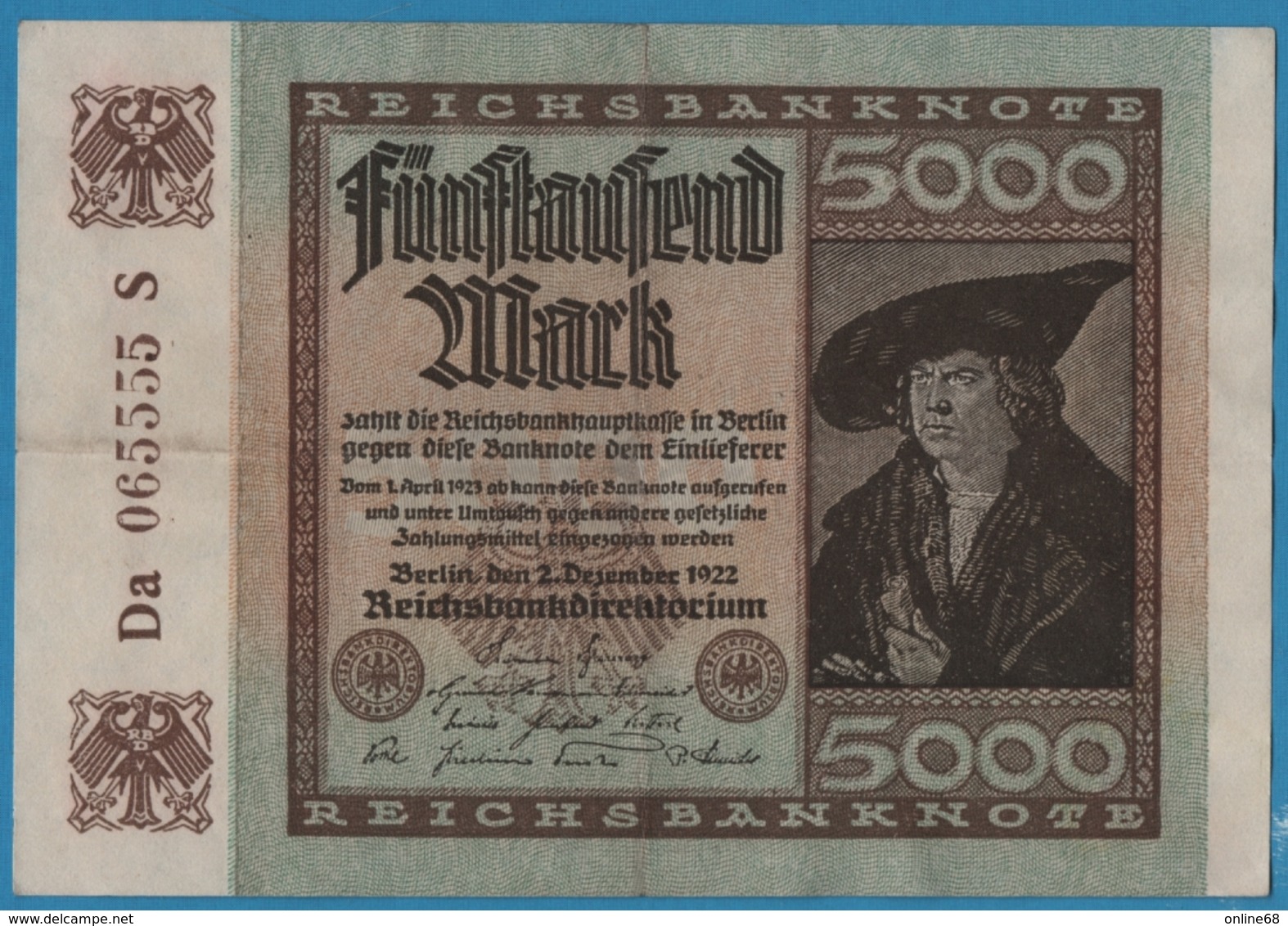 DEUTSCHES REICH  5000 Mark 	02.12.1922	# Da 065555 S  P# 81e - 5.000 Mark