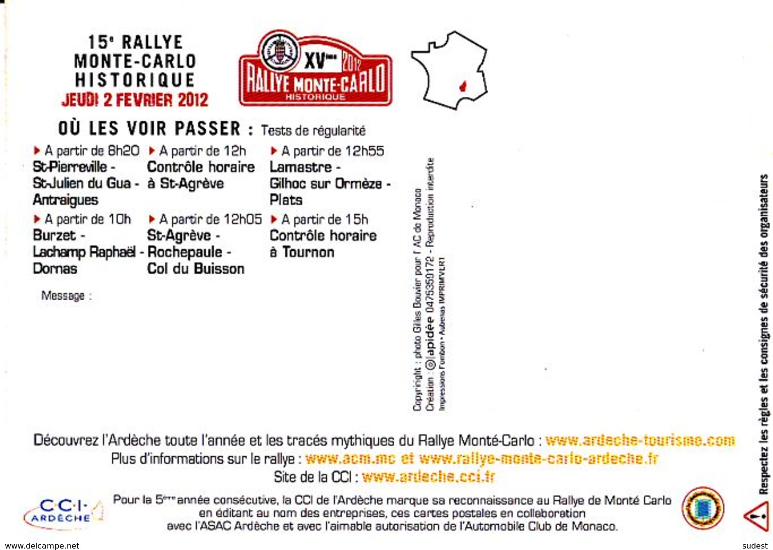 CPM, Rallye Monte Carlo 2012, Ardèche,  Equipage Ragnotti , Guigou Sur Renault 4 L Non Circulée, 2 Scannes - Rallyes