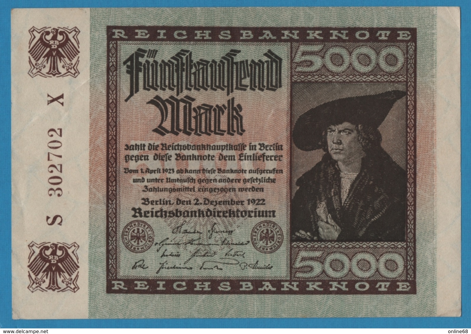 DEUTSCHES REICH 5000 Mark 02.12.1922	# S302702X  P# 81c - 5.000 Mark