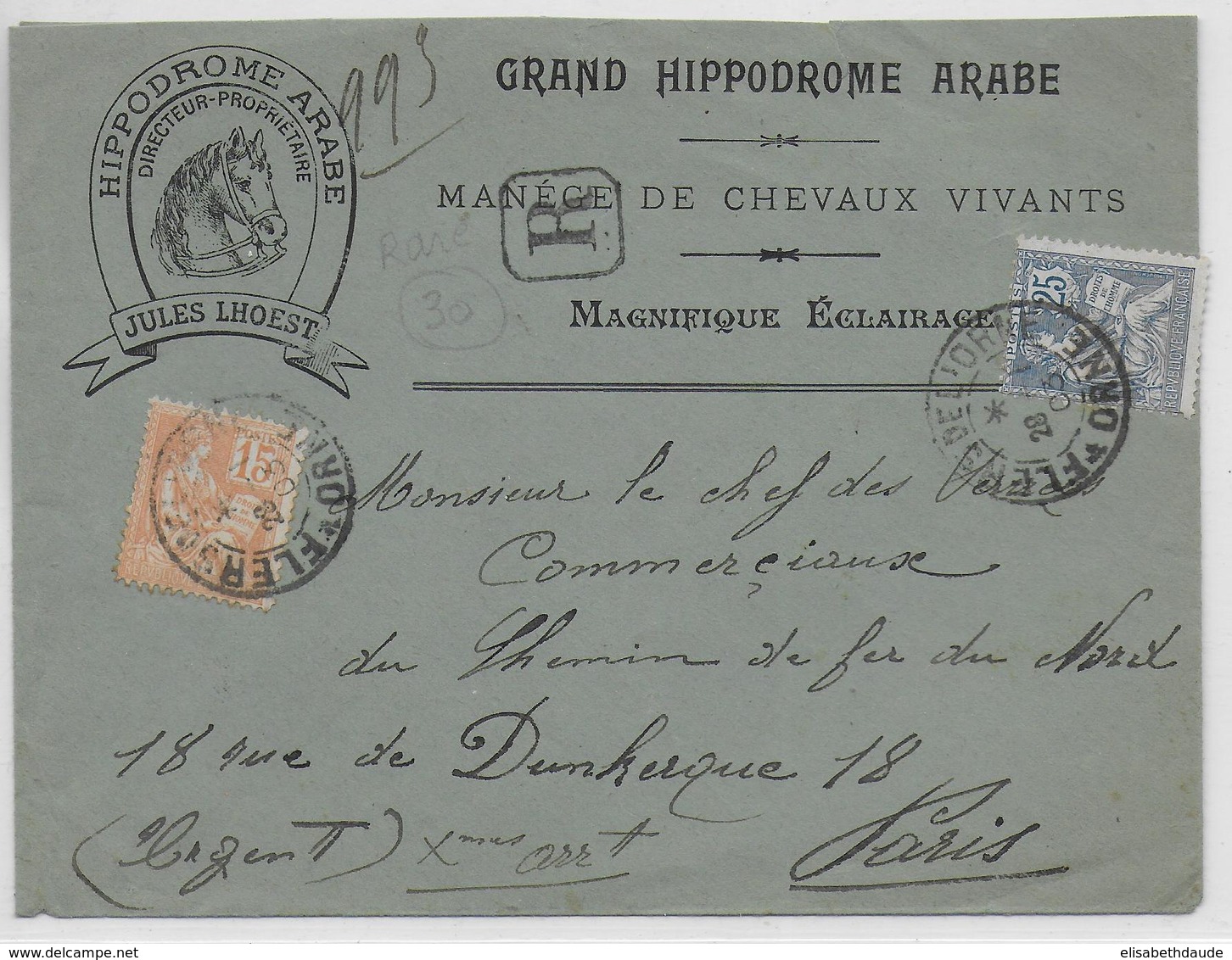 1903 - ENVELOPPE SUP ILLUSTREE MANEGE DE CHEVAUX ARABES RECOMMANDEE Avec AFFR. MOUCHON De FLERS De L'ORNE => PARIS - 1877-1920: Période Semi Moderne