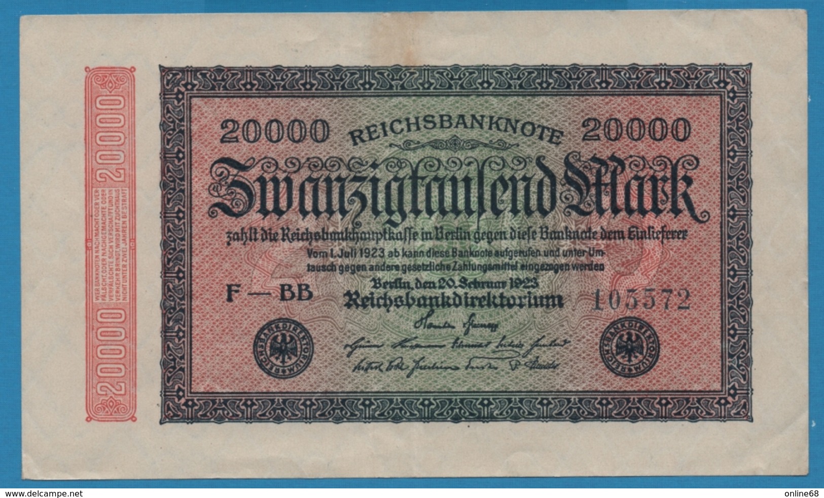 DEUTSCHES REICH 20000 Mark	20.02.1923	# F-BB 105572 P# 85c - 20.000 Mark