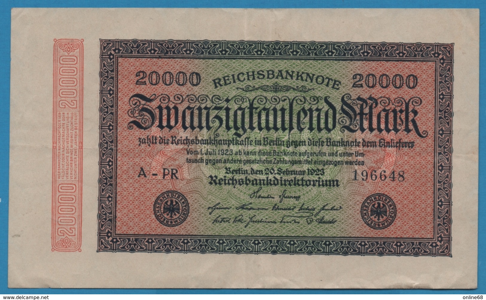 DEUTSCHES REICH 20000 Mark	20.02.1923	# A-PR 196648 P# 85j - 20.000 Mark