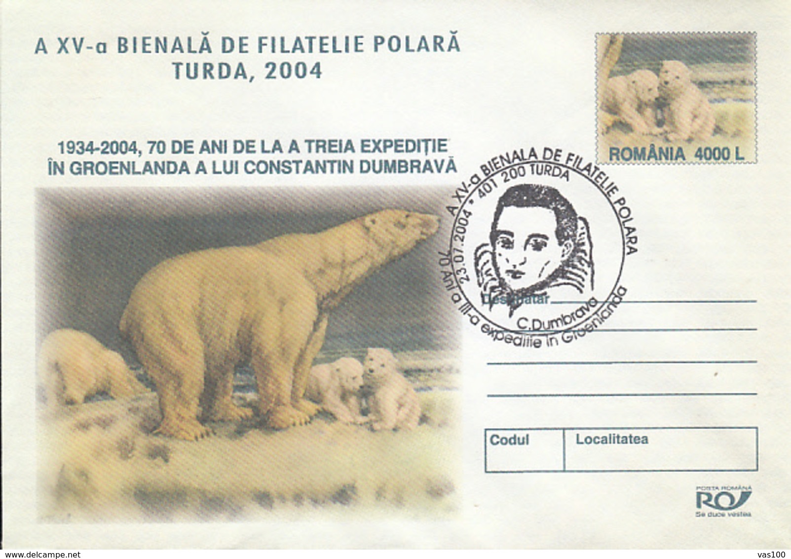 NORTH POLE, ARCTIC WILDLIFE,POLAR BEAR, CONSTANTIN DUMBRAVA, COVER STATIONERY, ENTIER POSTAL, 2004, ROMANIA - Faune Arctique