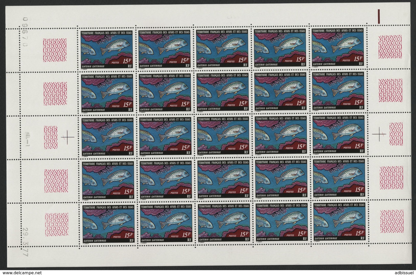 AFARS Et ISSAS COTE 75 € N° 441 MNH ** FEUILLE DE 25 EXEMPLAIRES. POISSONS FISH. GATERIN GATERINUS TB/VG - Fishes