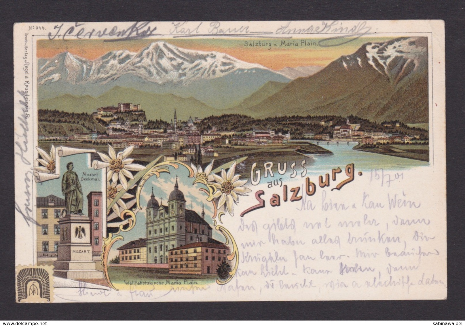 AK / Salzburg / Wallfahrtskirche Maria Plain / Mozart Denkmal  / Totale / Gelaufen 1901   ..   ( E 607 ) - Salzburg Stadt