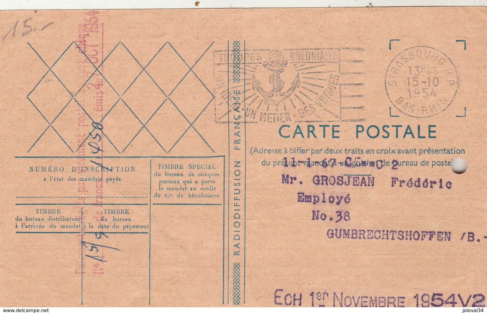 Mandat Radiodiffusion  Verso Carte Postale Grosjean Gumbrechtshoffen Bas Rhin Cachet Flamme Strasbourg 15/10/1954 - Radio Broadcasting