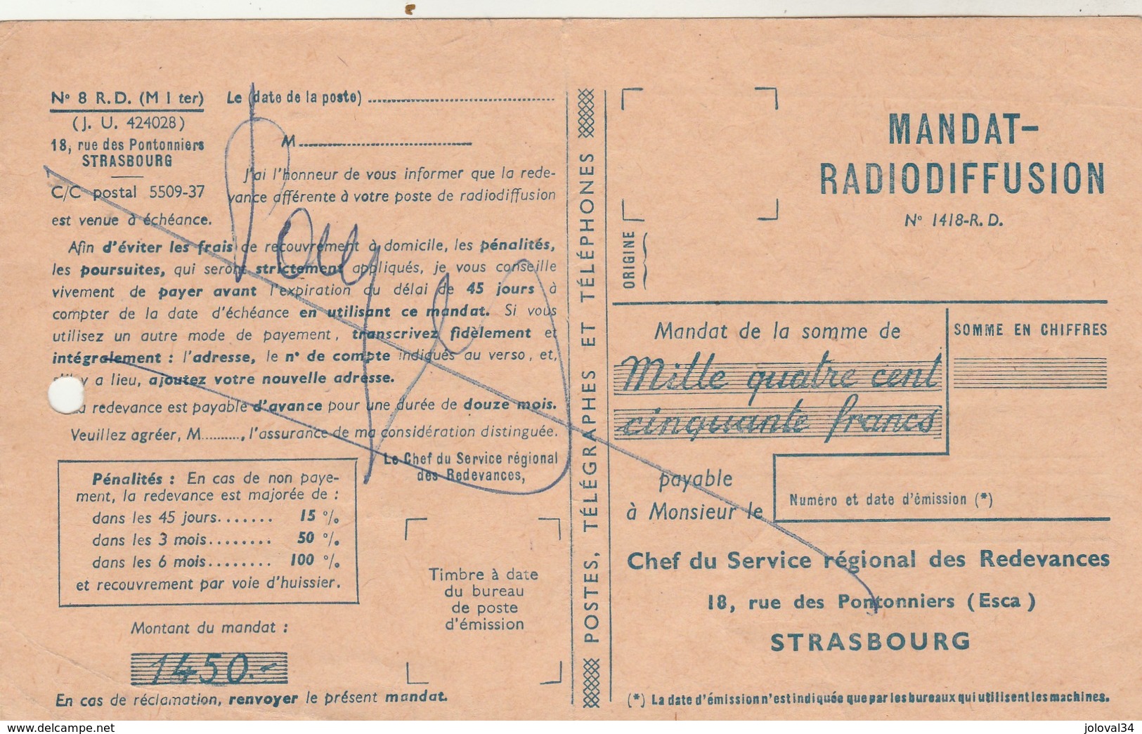 Mandat Radiodiffusion  Verso Carte Postale Grosjean Gumbrechtshoffen Bas Rhin Cachet Flamme Strasbourg 15/10/1954 - Radio Broadcasting