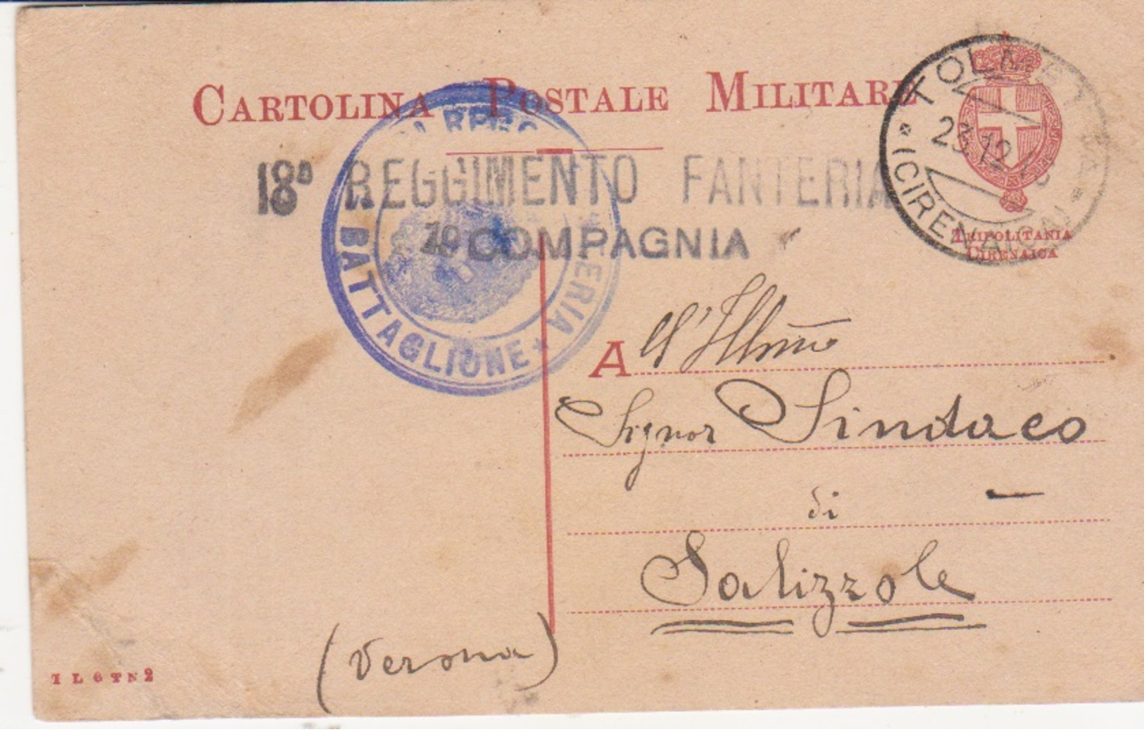 1918 TOLMEZZA/CIRENAICA C2 (23.12) Su Cartolina Franchigia - Libia