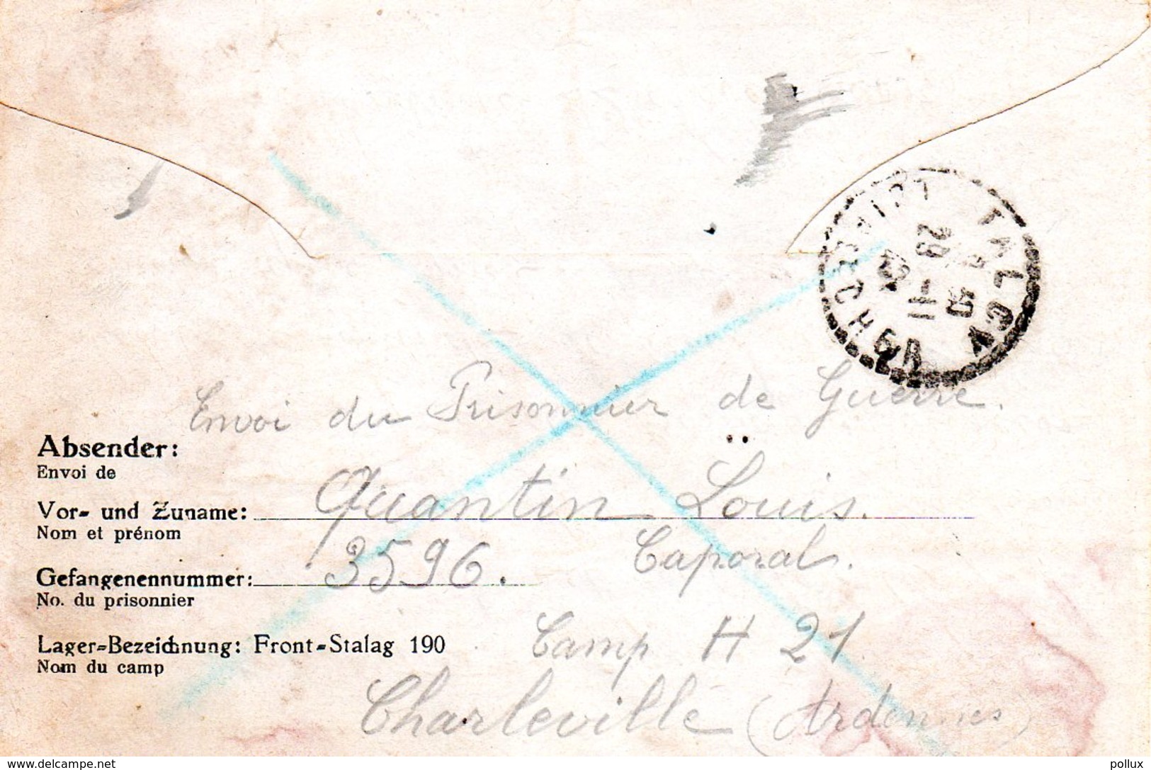 Kriegsgefangenenpost Prisonnier 1940 FRONT STALAG 190 Camp H 21 CHARLEVILLE France + Censure (2 Scan) - Documents