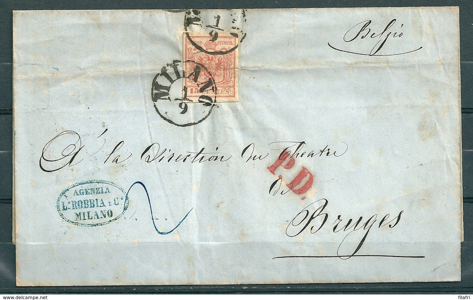 Yv 3 Sur Lettre De Milano Via Coeln (Cologne) à Bruges (Belgique) Cachet PD - 01 Aou 1856 => 05 Sep 1856 - Lombardo-Venetien