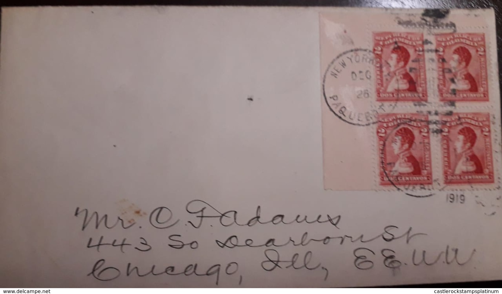 O) 1919 COLOMBIA, SANTANDER SC 3412c, BLOCK FOR 4 Stamps, TO USA - Colombia