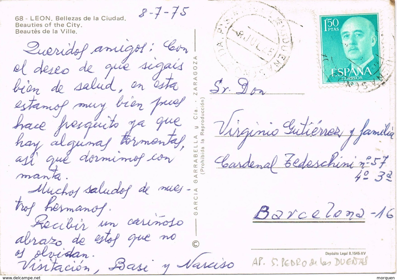 35843. Postal SAN PEDRO De Las DUEÑAS (Leon) 1975. Fechador A.P. Agencia Postal - Cartas & Documentos