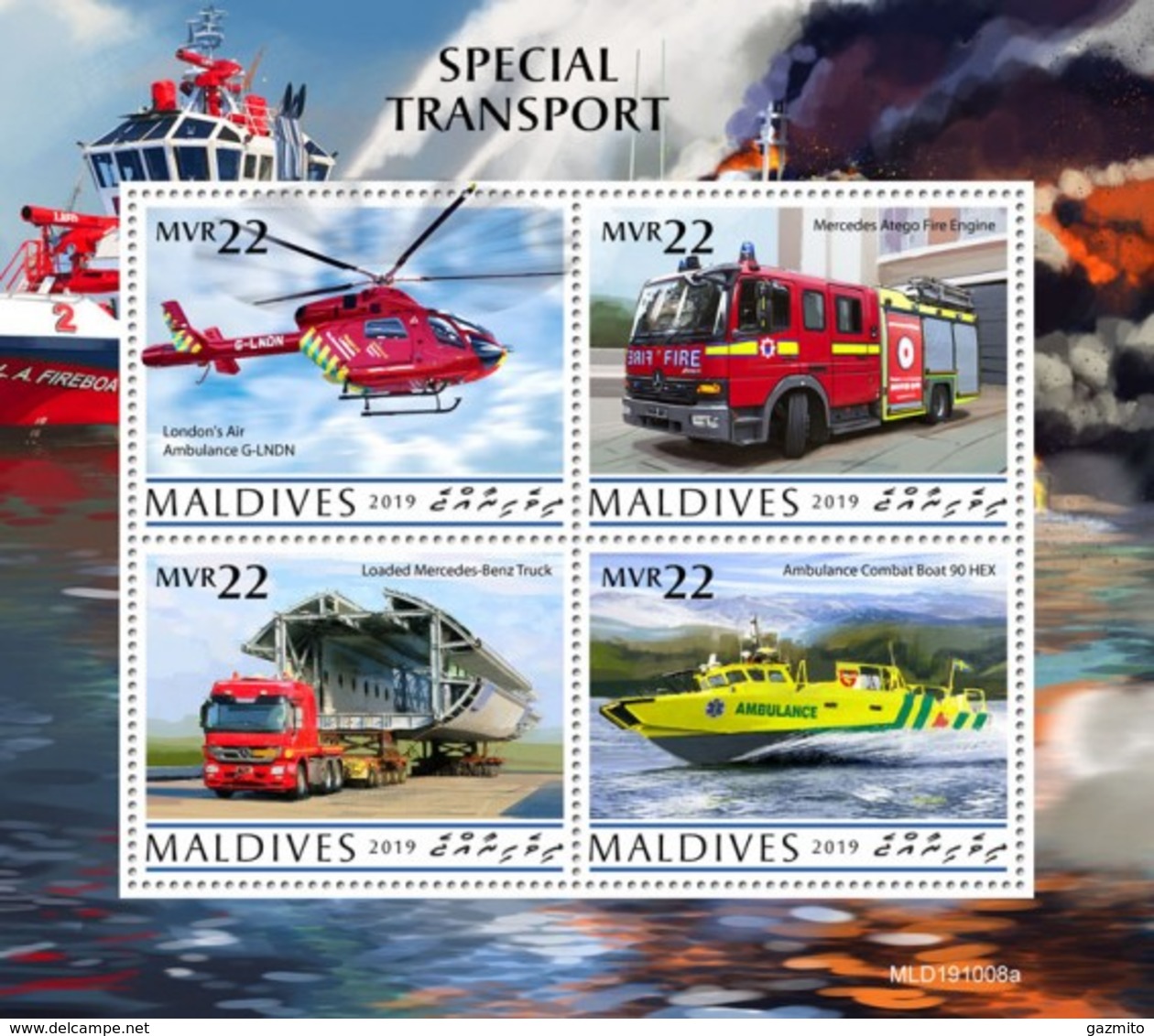 Maldives 2020, Transport, Elicopter, Truck, Fire Engine, 4val In BF - Brandweer
