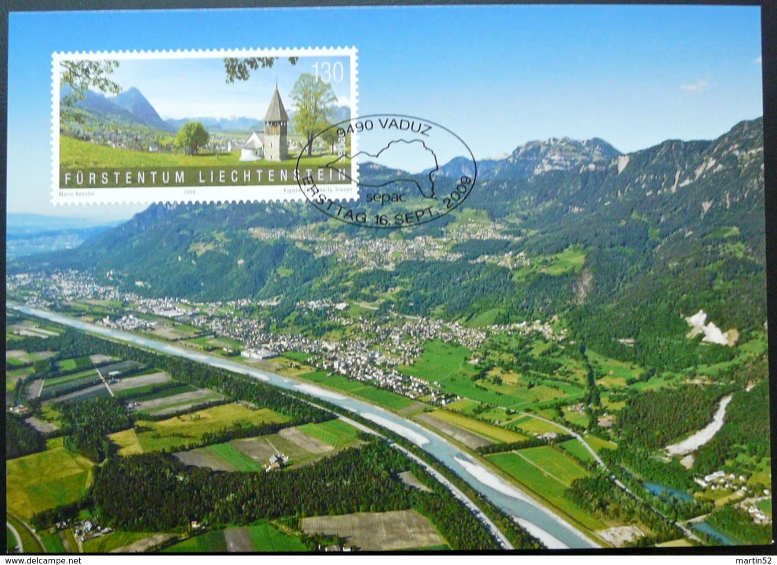 Liechtenstein 2009: Kapelle St.Mamerten Triesen Zu 1475 Mi 1532 Auf Panorama-MK CM Vue Aérienne No.307 (Zu CHF 5.50) - Cartes-Maximum (CM)