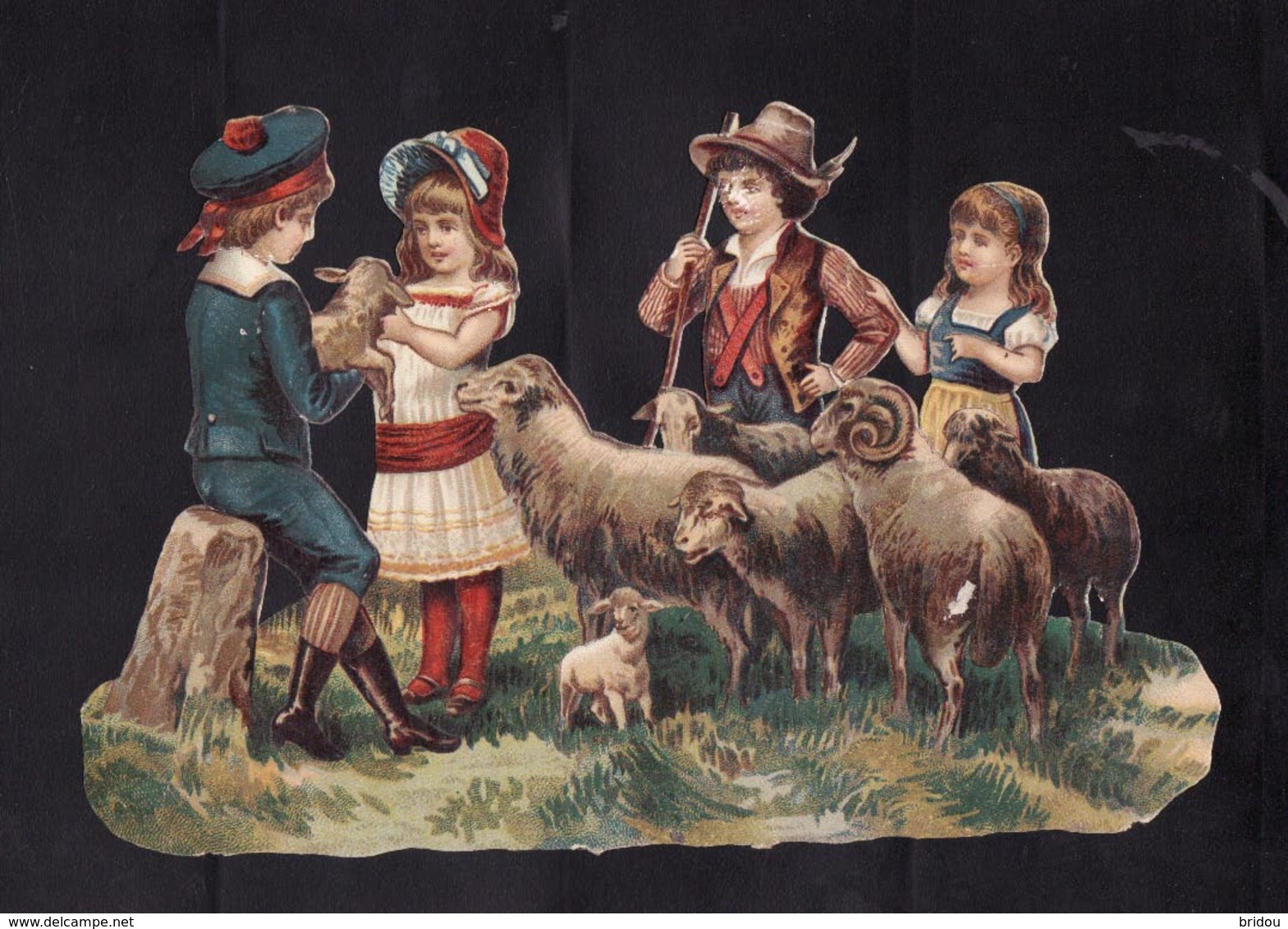 Chromos Découpis    Enfants Et Moutons     16.1 X 10.5 Cm - Autres & Non Classés