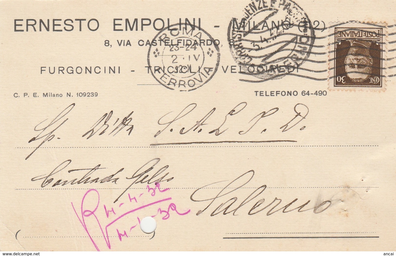 Roma.  1932. Cartolina Postale PUBBLICITARIA  ... FURGONCINI - TRICICLI - VELOCIPEDI ... - Storia Postale