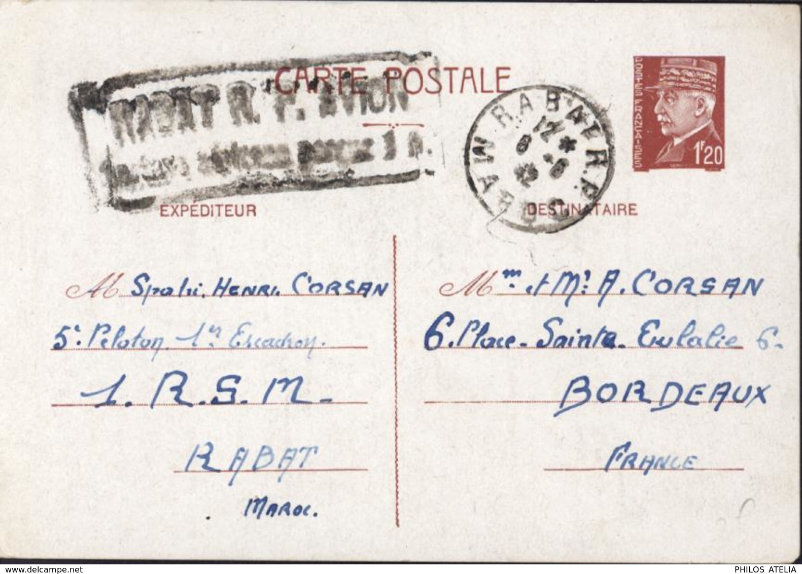 Entier 1,2 Petain Rabat RP Maroc 6 6 1942 Cachet Rabat RP Avion Taxe Aérienne Perçue 1F Soldat RSM - Usati