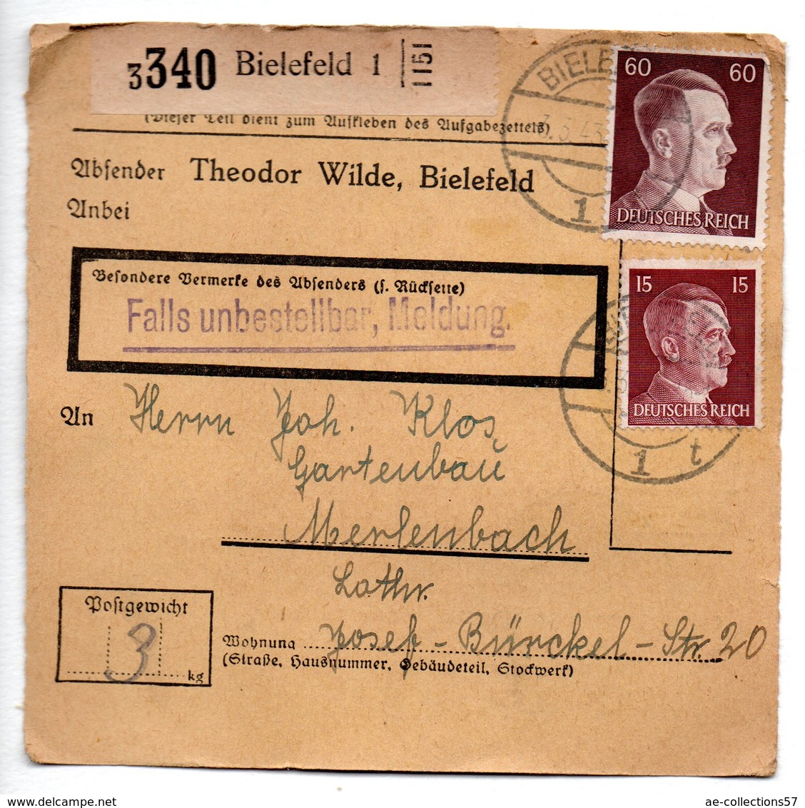 Allemagne  / Colis Postal  / Départ  Bielefeld / 3-3-43 - Covers & Documents