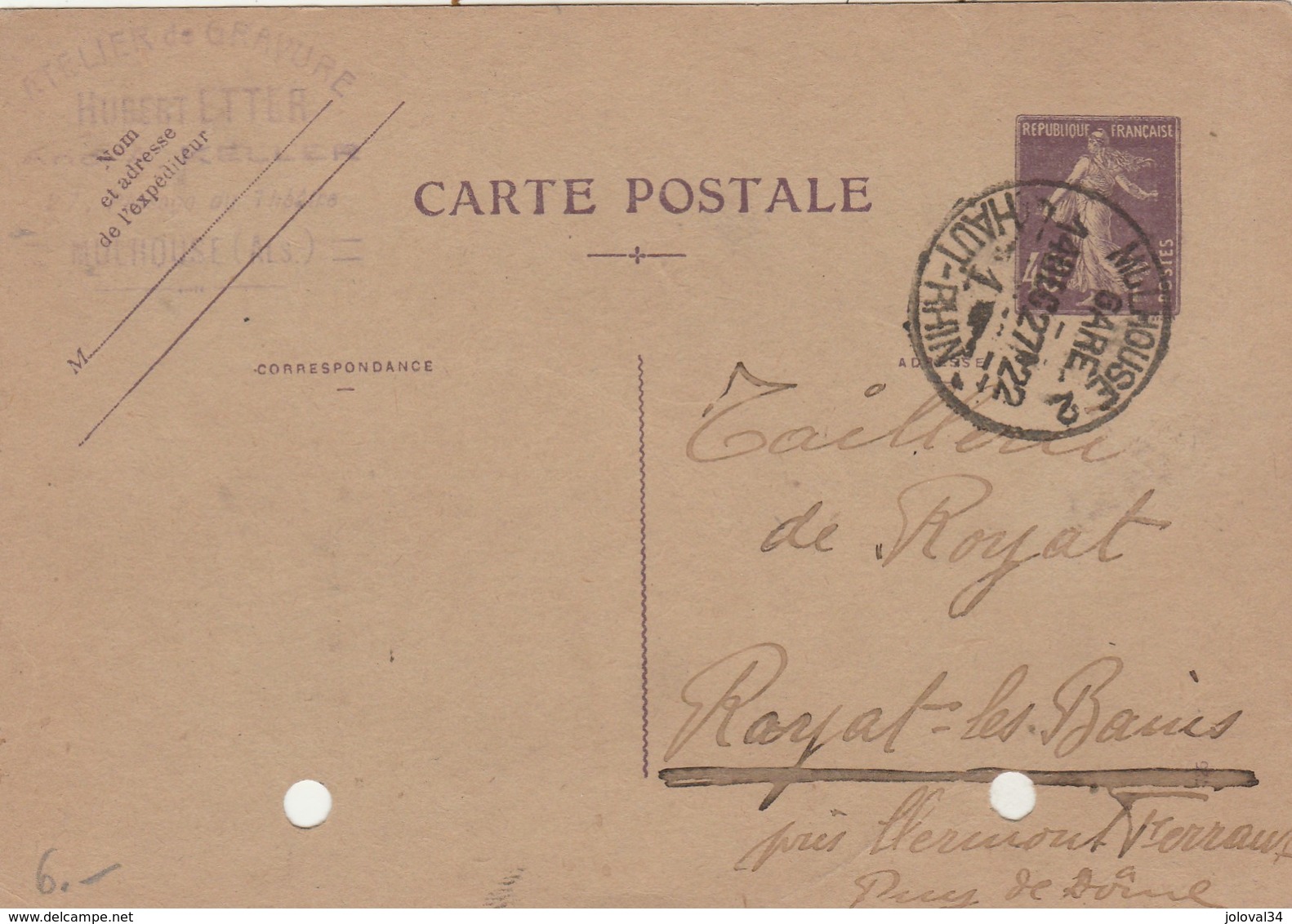 Entier 236CP1 Semeuse Entête ETTER Gravure Cachet MULHOUSE GARE Haut Rhin 13/12/1927 Pour Royat - Cartes Postales Types Et TSC (avant 1995)