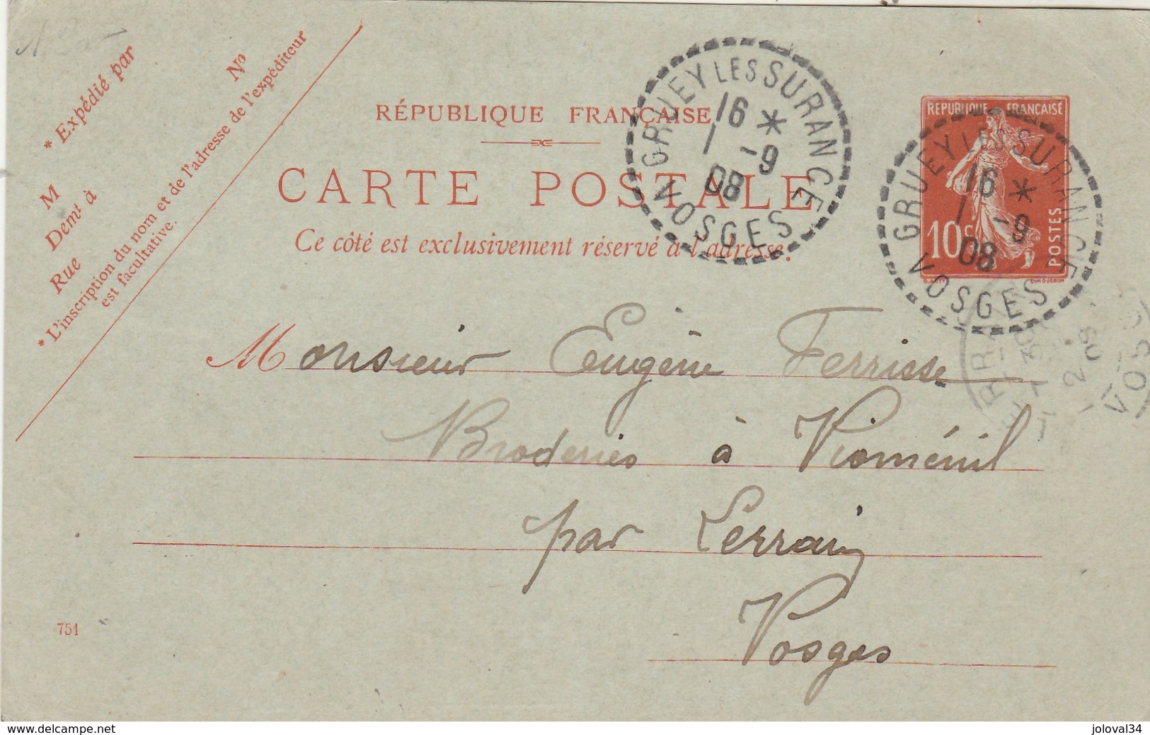 Entier 138CP1 Date 751 écrite De Jérusalem Cachet Perlé GRUEY Les SURANCE Vosges 1/9/1908 à Vioménil Par Lerrain - Cartes Postales Types Et TSC (avant 1995)