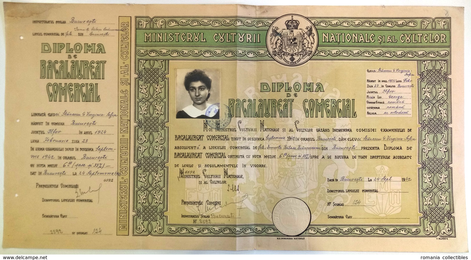 Romania, 1942, Vintage Baccalaureate Diploma - "Domnita Balasa" Bucuresti, WWII - Diploma & School Reports