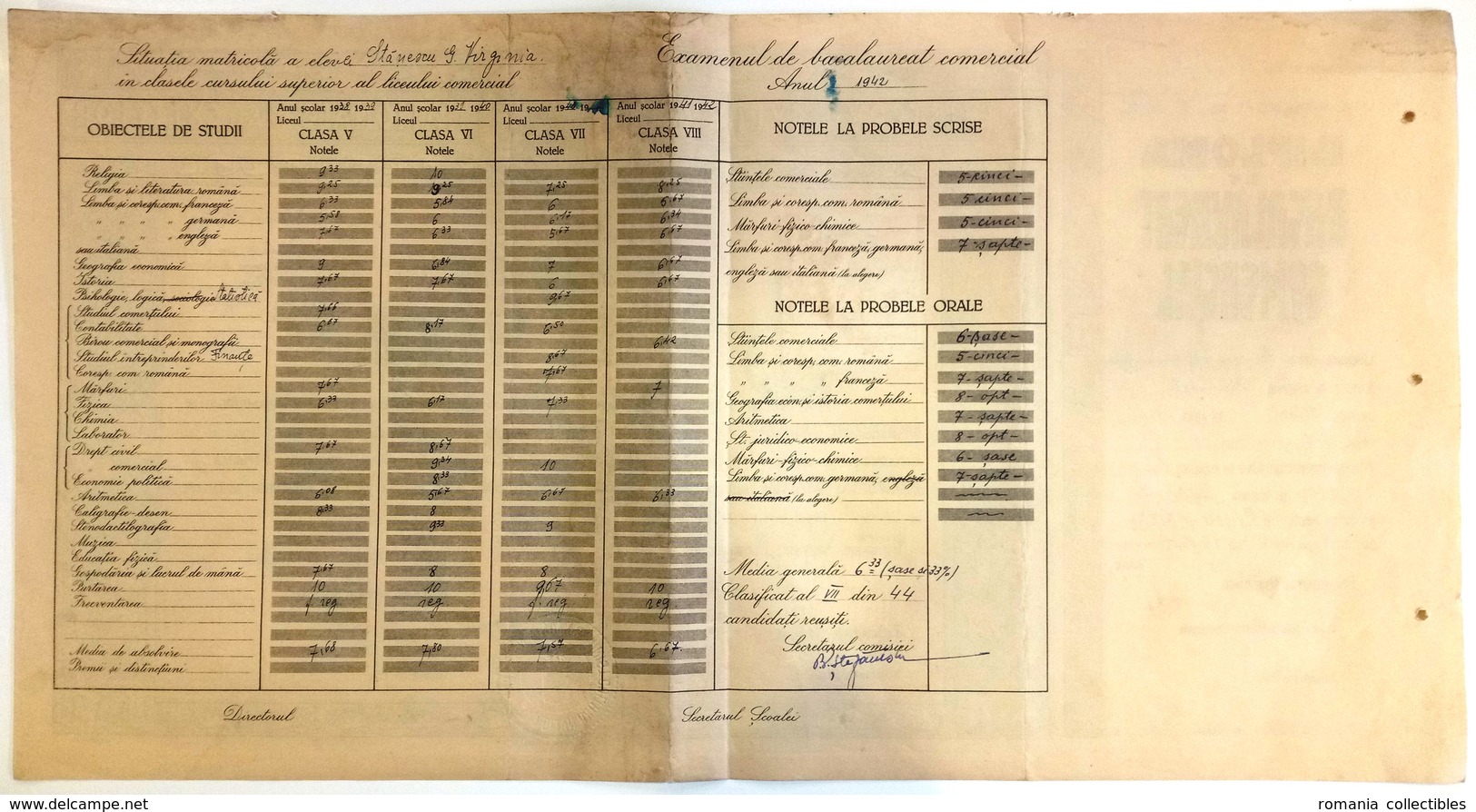 Romania, 1942, Vintage Baccalaureate Diploma - "Domnita Balasa" Bucuresti, WWII - Diploma & School Reports