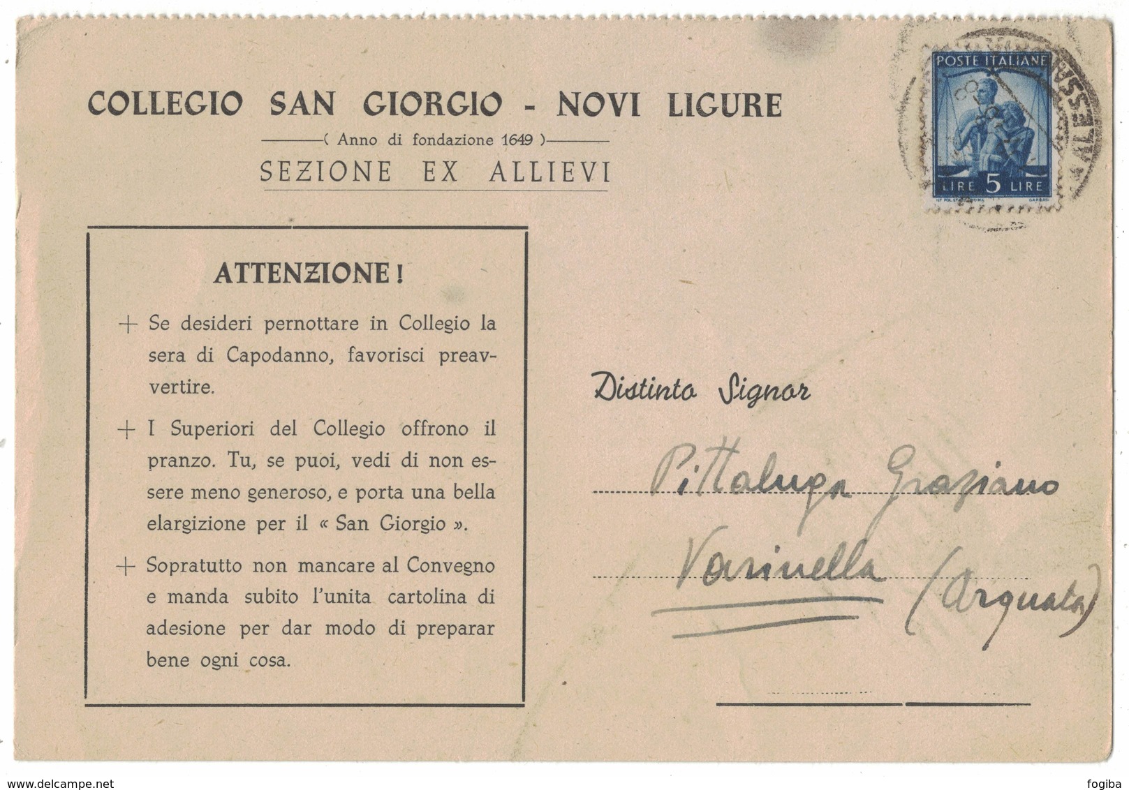 IZ257   Italia 1948 - Cartolina Collegio San Giorgio, Novi Ligure X Varinella (Arquata) - 1946-60: Storia Postale