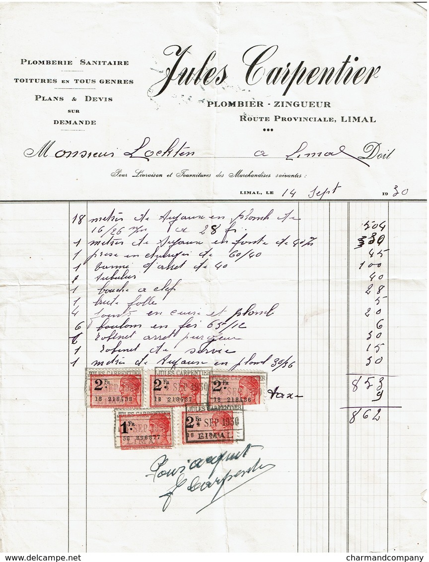 Facture 1930 - Jules CARPENTIER Plombier - Zingueur Route Pronvinciale Limal - 2 Scans - 1900 – 1949