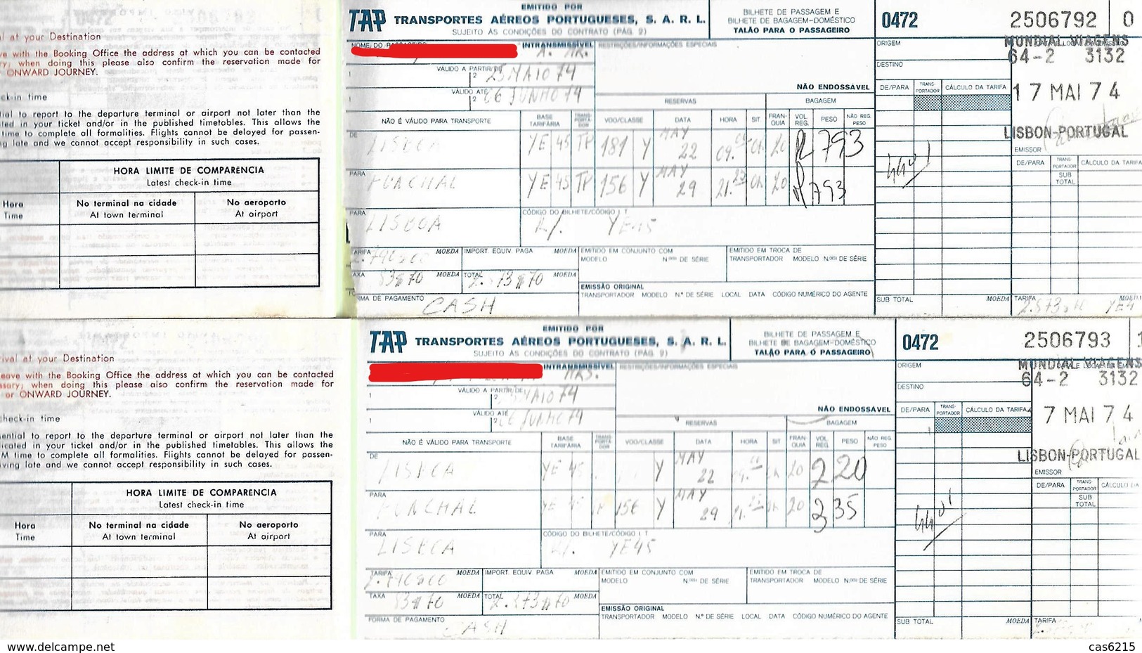 2 Billet D'avion TAP 1974 Tallon Bagage Voyage Lisboa-Funchal-Lisboa Pub SACOR Pétrole - Europe