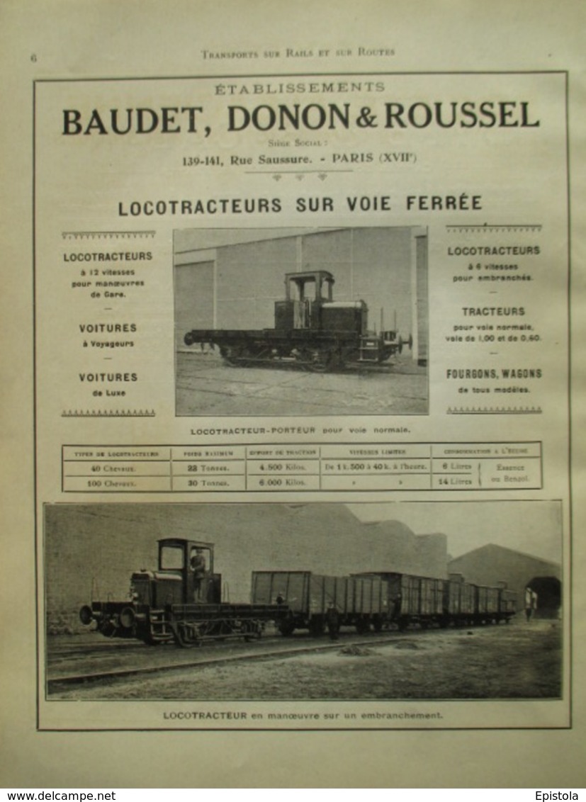 Train LOCOTRACTEUR  Baudet Donon &Roussel  -  Page De 1925 Catalogue Sciences & Tech. (Dims. Standard 22 X 30 Cm) - Chemin De Fer