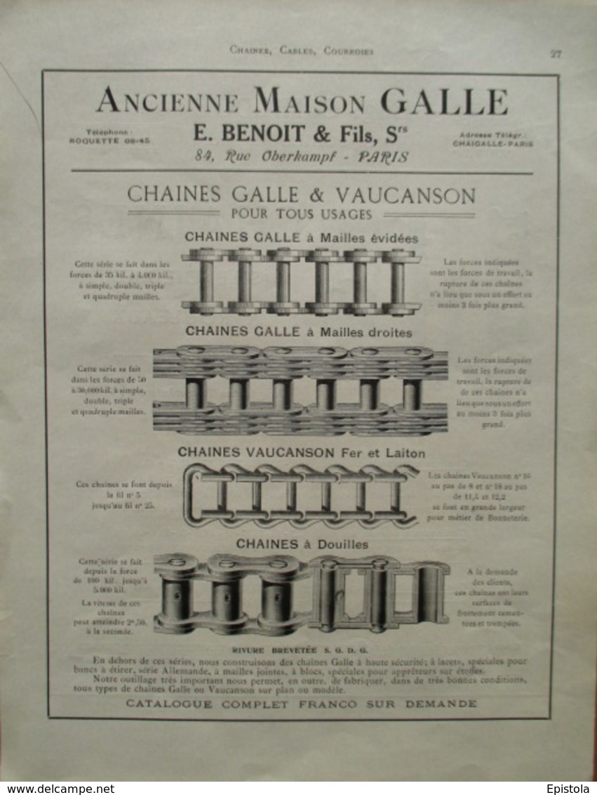 CHAINES Galle & Vaucanson  - Page De 1925 Catalogue Sciences & Tech. (Dims. Standard 22 X 30 Cm) - Altri Apparecchi