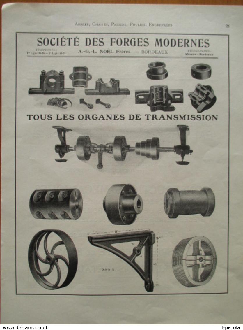 Organes De Tranmissions Ets Noel à Bordeaux   - Page De 1925 Catalogue Sciences & Tech. (Dims. Standard 22 X 30 Cm) - Maschinen