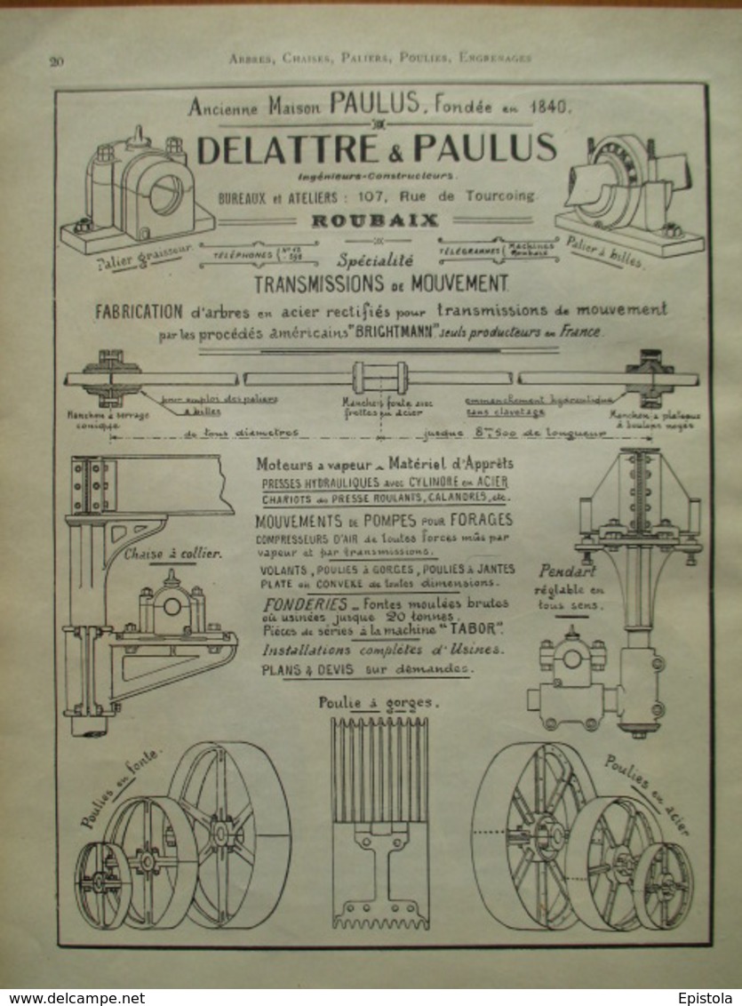 TRANSMISSION   Delattre & Paulus à Tourcoing   - Page De 1925 Catalogue Sciences & Tech. (Dims. Standard 22 X 30 Cm) - Maschinen