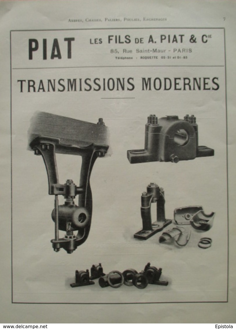 TRANSMISSION  Ets PIAT & Cie (Fonderie à Soissons) - Page De 1925 Catalogue Sciences & Tech. (Dims. Standard 22 X 30 Cm) - Maschinen