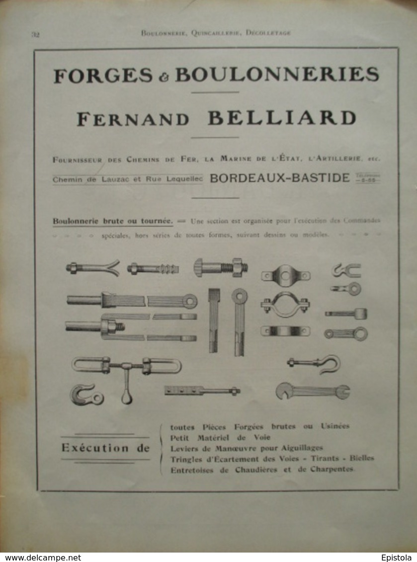 BOULONNERIE Fernand BELLIARD  Bordeaux Bastide  - Page De 1925 Catalogue Sciences & Tech. (Dims. Standard 22 X 30 Cm) - Andere Geräte