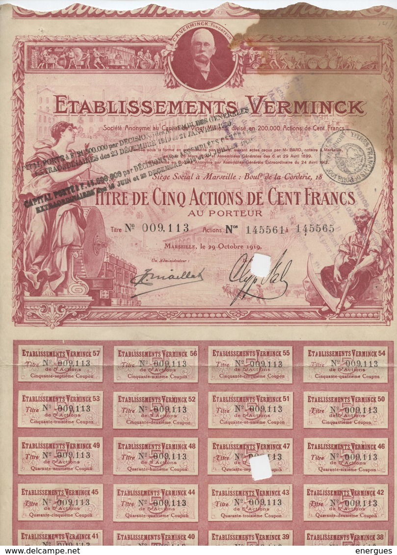 Action, Titre, Etablissements Verminck, Cinq Actions De Cent Francs, Savon, Marseille, 1919, 29 Coupons - S - V