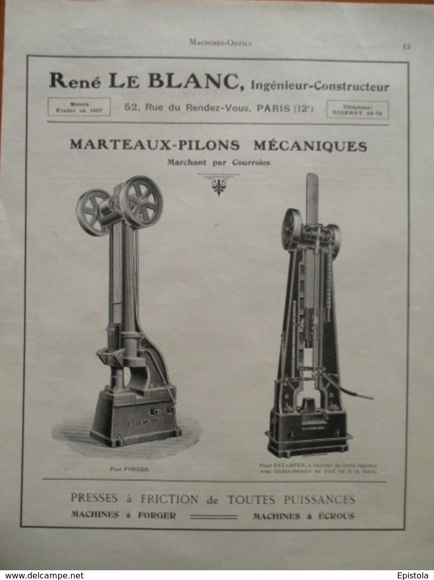 Machine MARTEAU PILON à Courroie  René Le Blanc   - Page De 1925 Catalogue Sciences & Tech. (Dims. Standard 22 X 30 Cm) - Maschinen