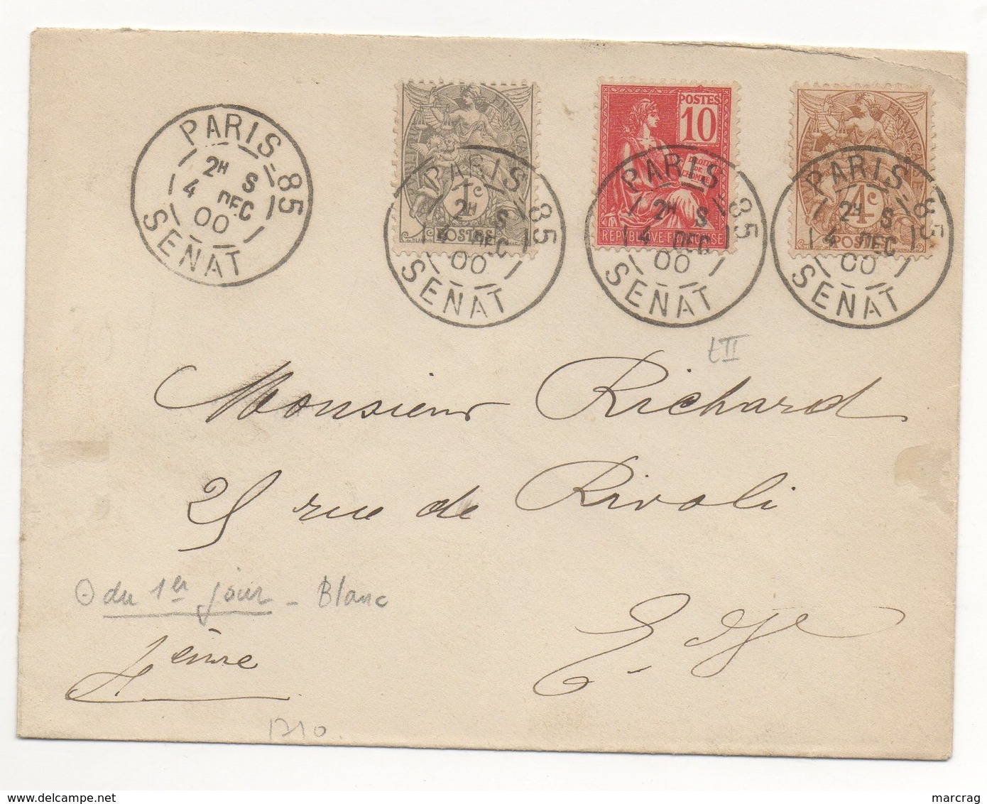 4/12/1900 LES TROIS TYPES PROVENANT DU SENAT TRES RARE - Storia Postale