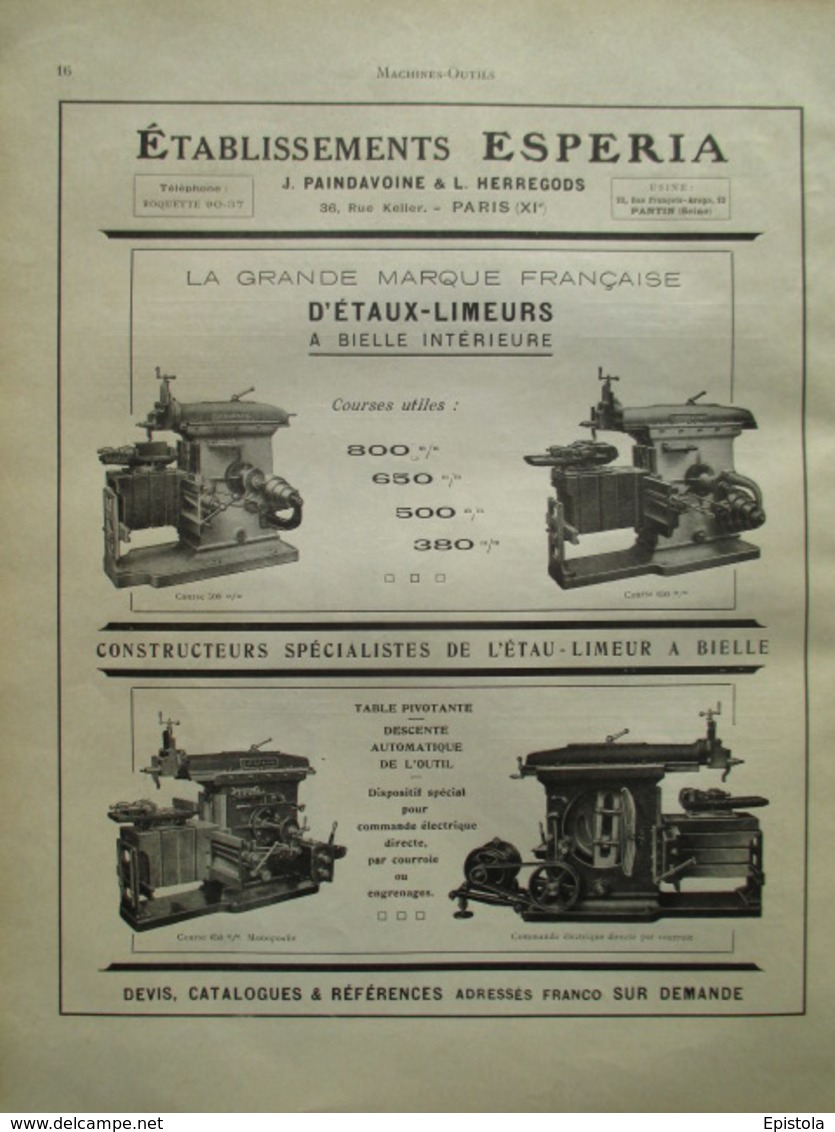 Machine ETAU LIMEUR  Esperia  Paris   - Page De 1925 Catalogue Sciences & Tech. (Dims. Standard 22 X 30 Cm) - Maschinen